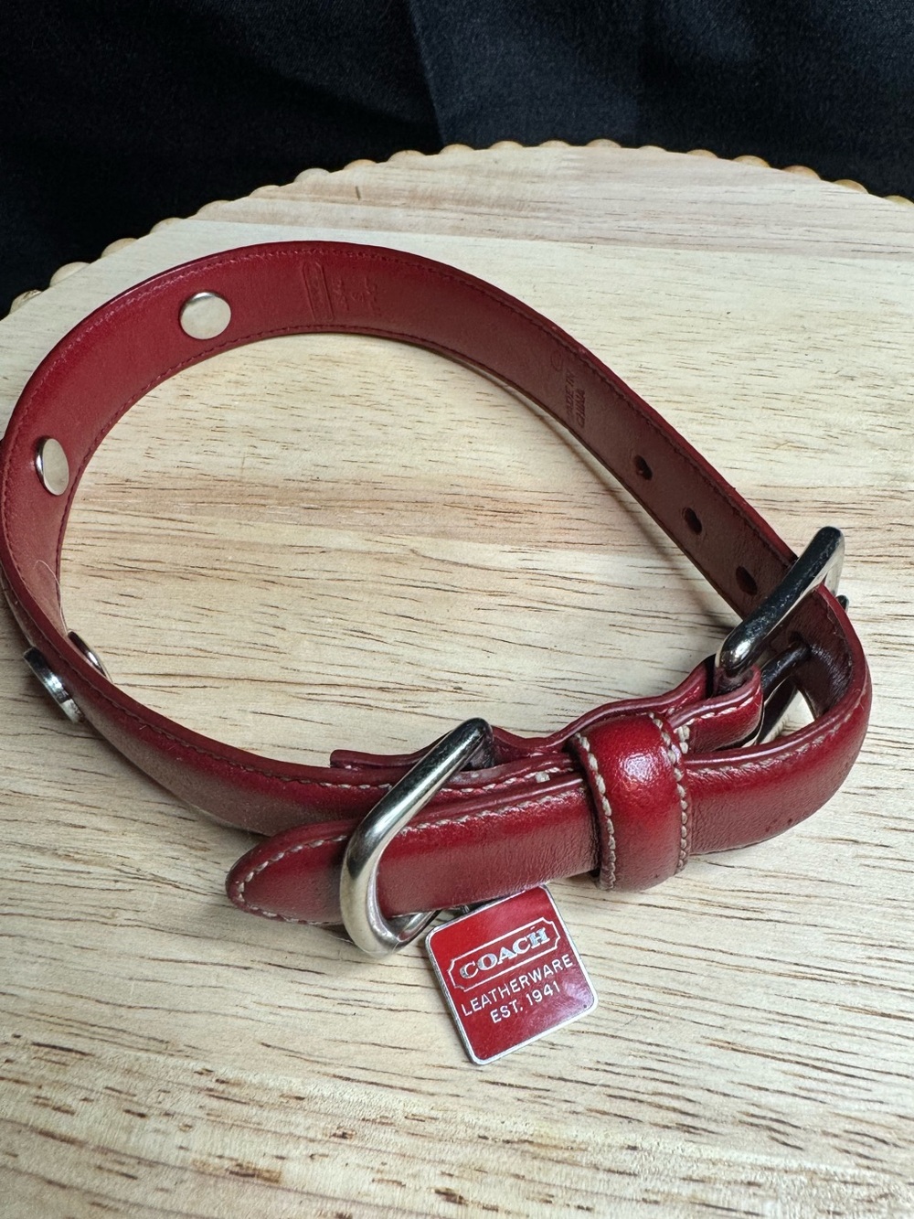 Coach Red Leather dog Collar with Silver Hardware
